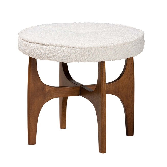 Theo Japandi Cream Boucle Fabric And Walnut Brown Finished Rubberwood Ottoman Footstool, CREAM WALNUT BROWN, hi-res image number 0