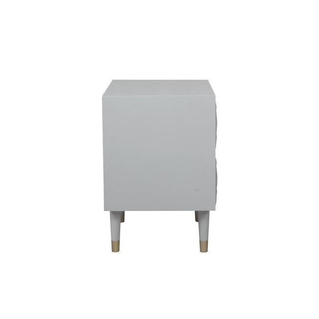 Two-drawer geo texture nightstand back/side view with tapered legs