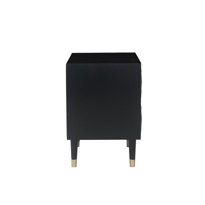 Back view of the black nightstand showing solid panel and legs