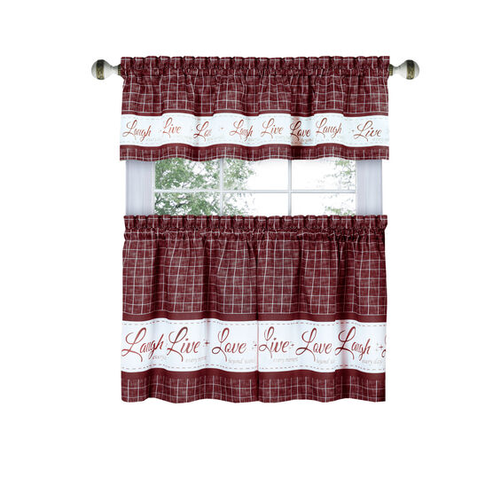 Live, Love, Laugh Window Curtain Tier Pair and Valance Set - 58x24, BURGUNDY, hi-res image number null