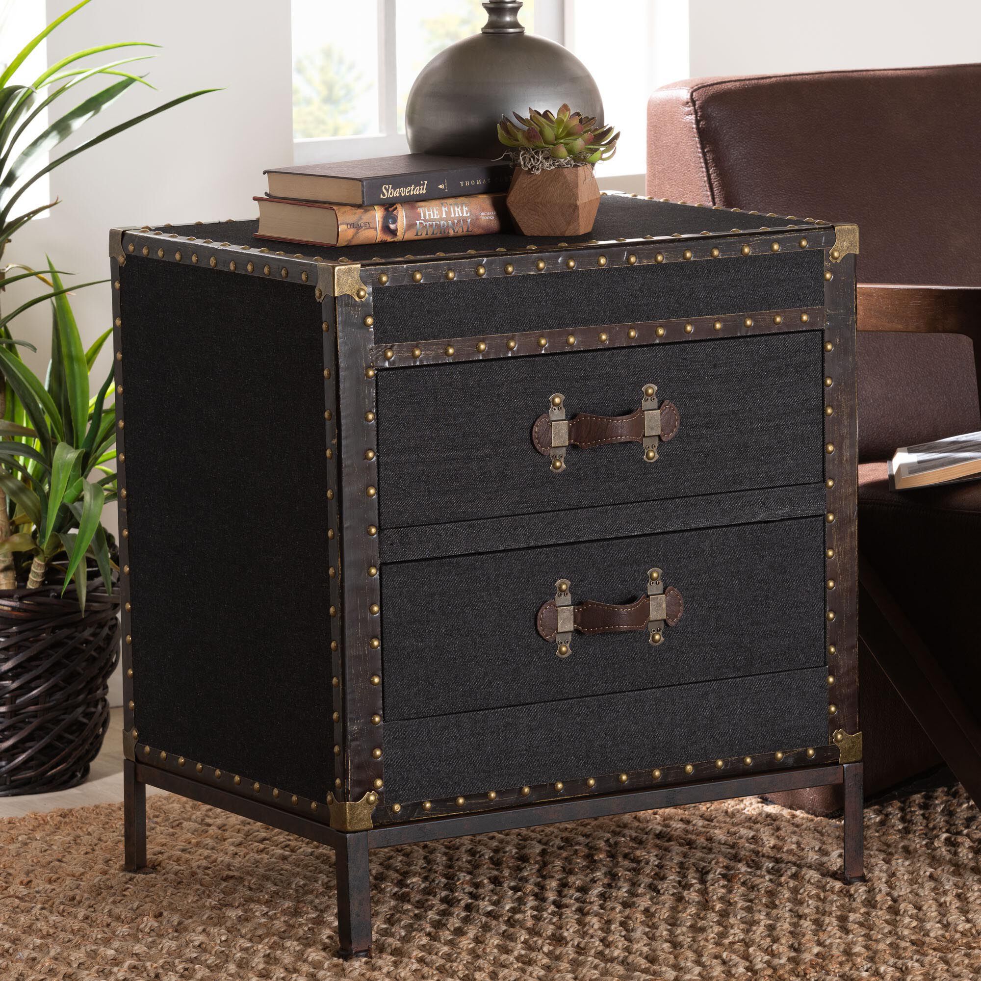 Laura Vintage Black Canvas 2-Drawer End Table Trunk, BLACK, hi-res image number 0