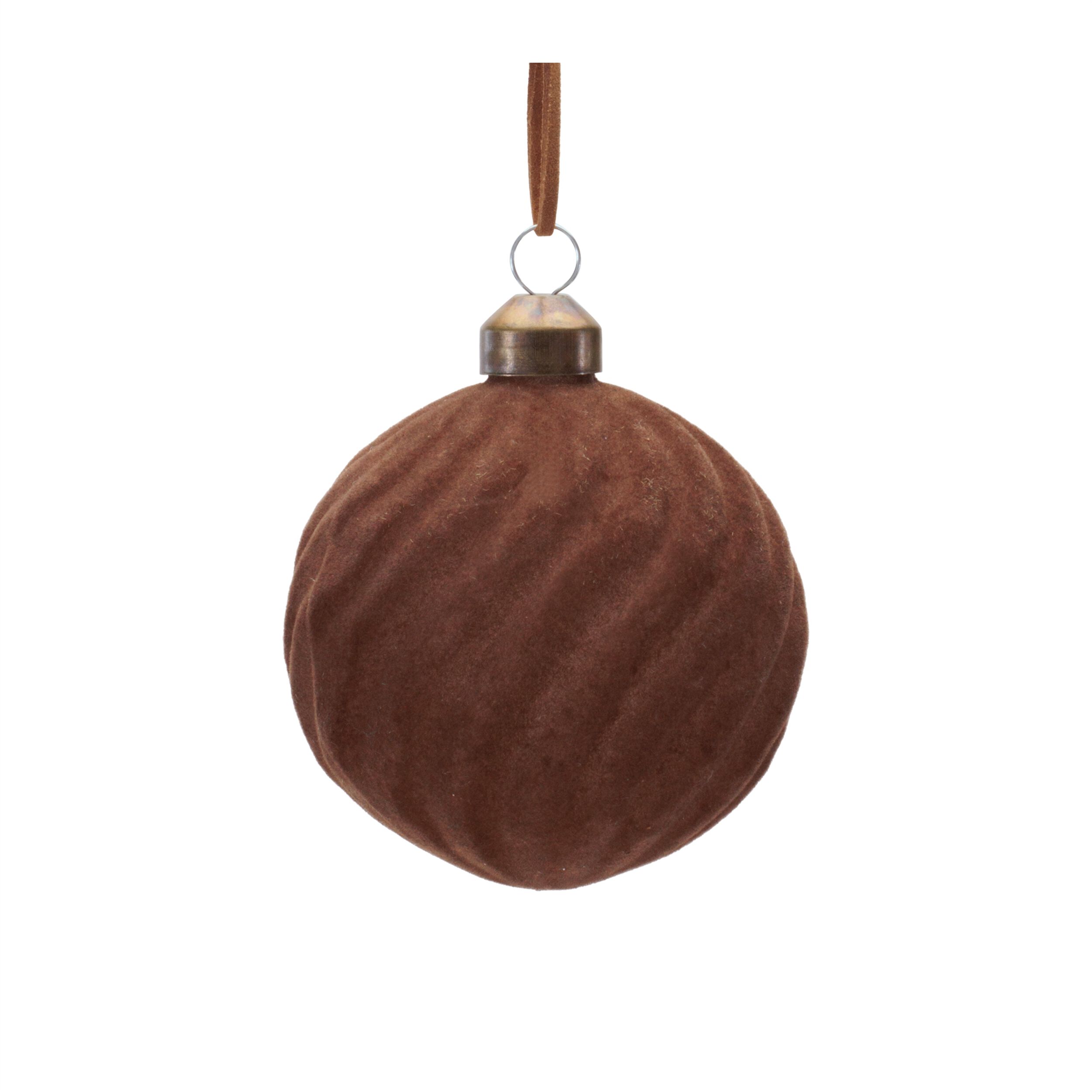 Flocked Ribbed Glass Ball Ornament (Set of 6), BROWN, alternate image number 3