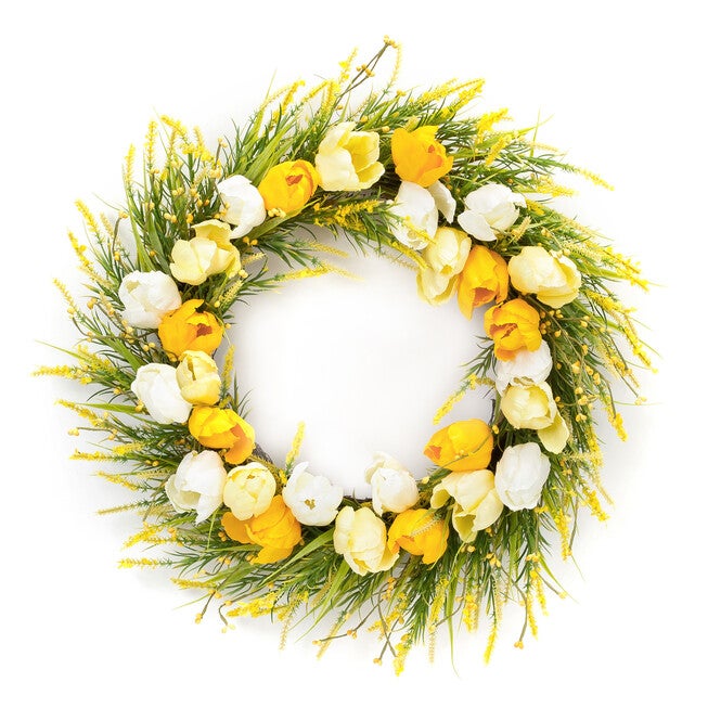 Spring Tulip And Forsythia Floral Wreath 21 inchesD, YELLOW, hi-res image number 0