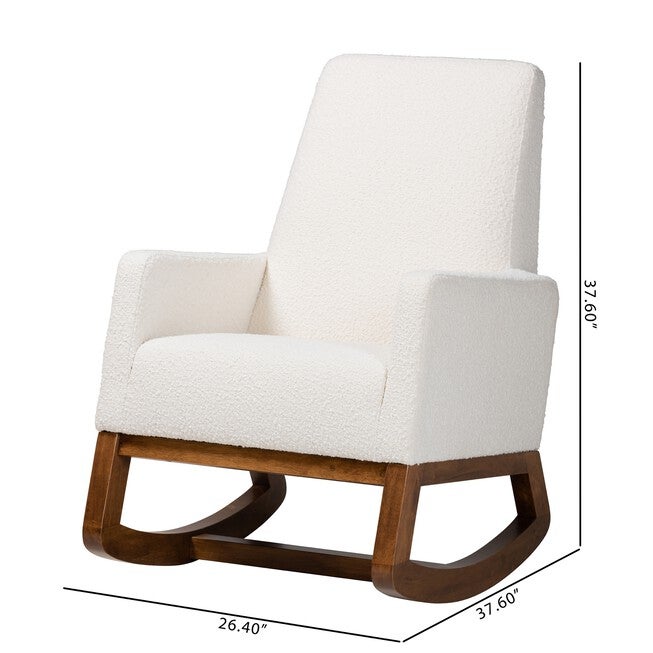 Yashiya Mid-Century Modern Off-White Boucle Upholstered And Walnut Brown Finished Wood Rocking Chair, , alternate image number 9