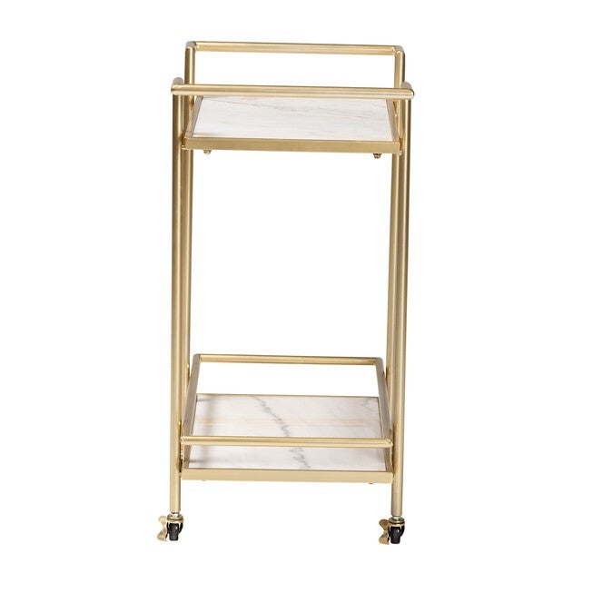 Louise Contemporary Glam And Luxe Gold Metal And White Marble 2-Tier Wine Cart, , alternate image number 2