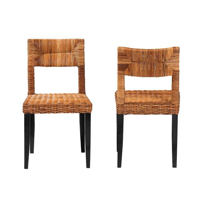 Manrico Modern Bohemian Dark Brown Finished Wood And Natural Rattan 2-Piece Dining Chair Set, , on-hover image number null
