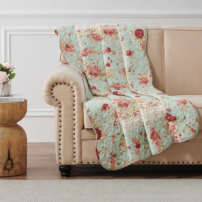 Antique Rose Throw Quilt, BLUE, hi-res image number 0