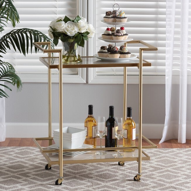 Louise Contemporary Glam And Luxe Gold Metal And White Marble 2-Tier Wine Cart, , alternate image number 5