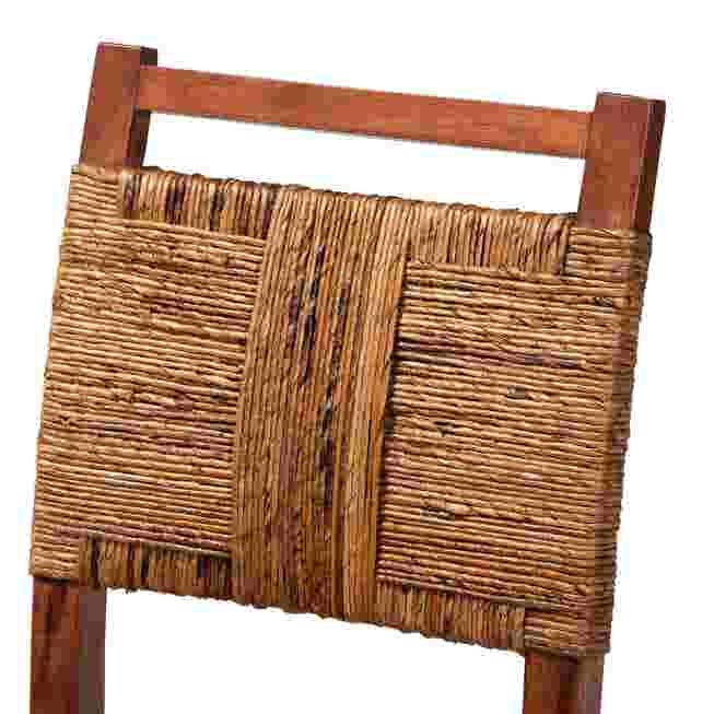 Close-up of woven seagrass backrest and mango wood frame