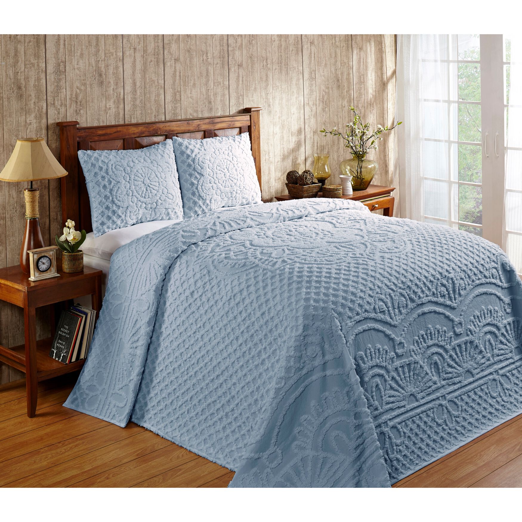 Trevor Collection Tufted Chenille Bedspread Set , BLUE, hi-res image number 0