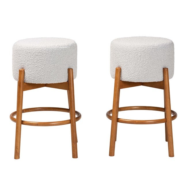 Olwen Modern Japandi Light Grey Boucle Fabric And Walnut Brown Finished Wood 2-Piece Bar Stool Set, , on-hover image number null