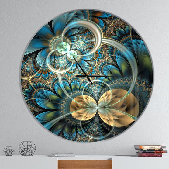 Symmetrical Blue Gold Fractal Flower Modern Wall Clock, BLUE, hi-res image number null