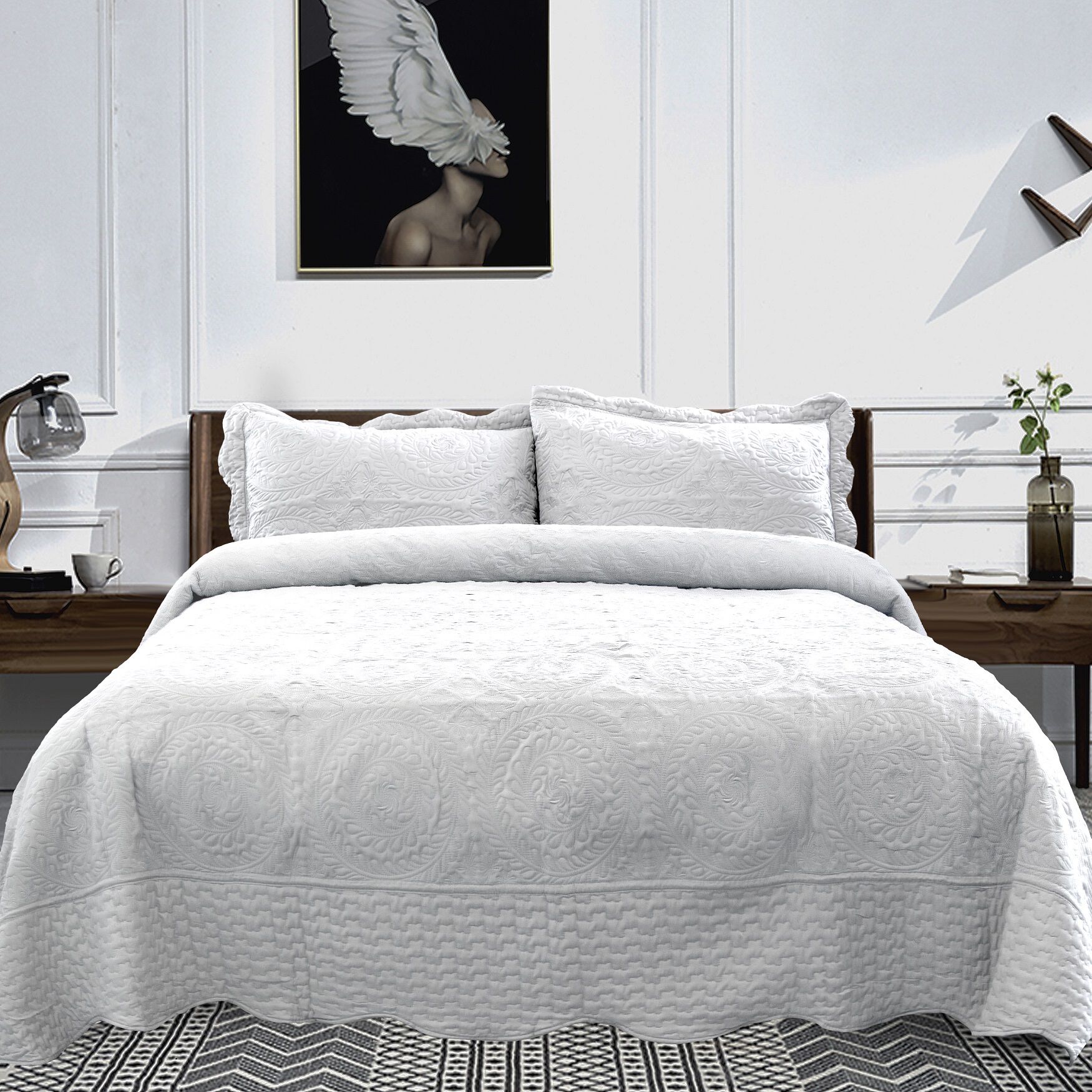 Embroidered Oversized Scalloped Edge Quilt Set, WHITE, hi-res image number 0