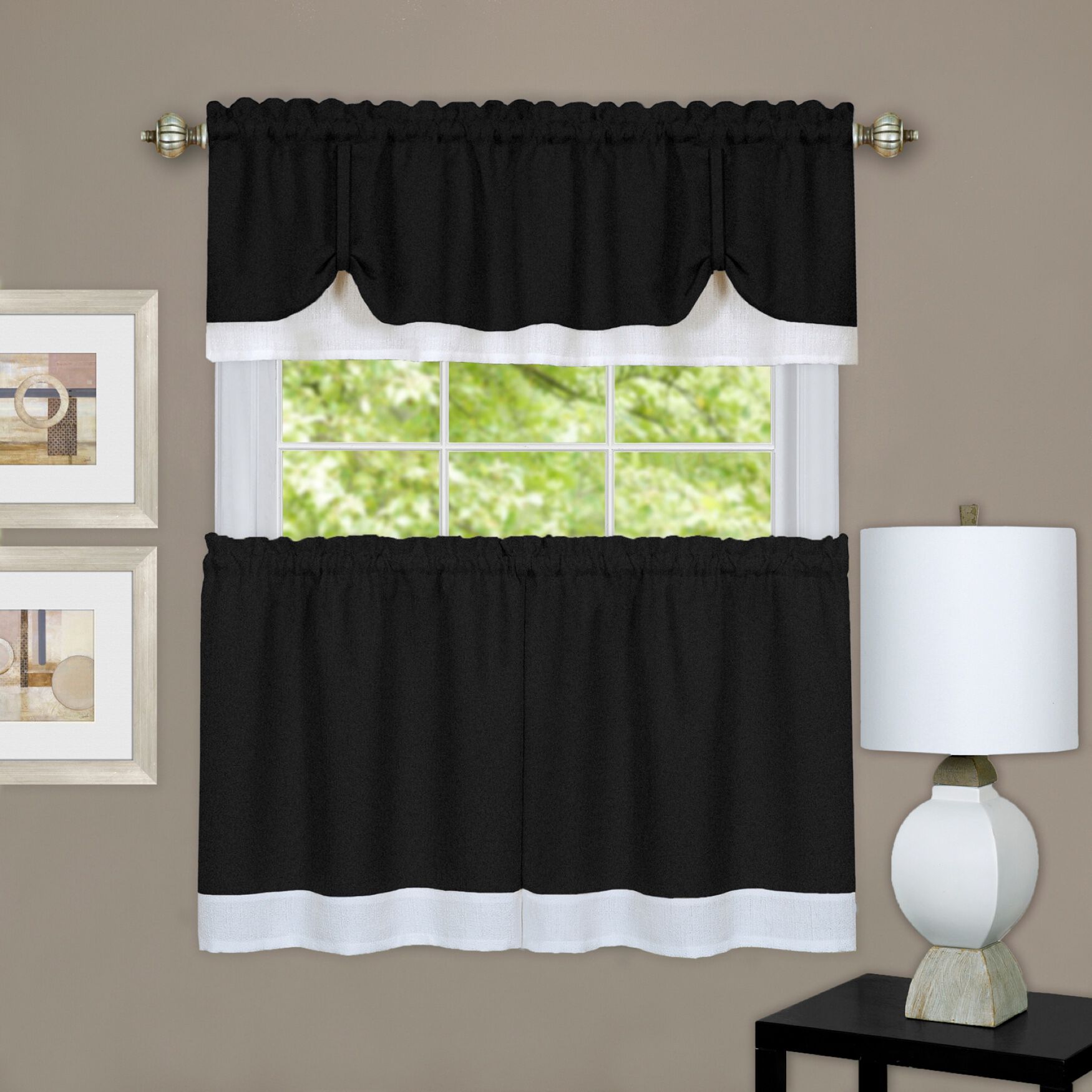 Darcy Window Curtain Tier and Valance Set, BLACK WHITE, hi-res image number 0