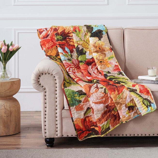 Senna Boho Floral Quilted Throw Blanket, HARVEST, hi-res image number null