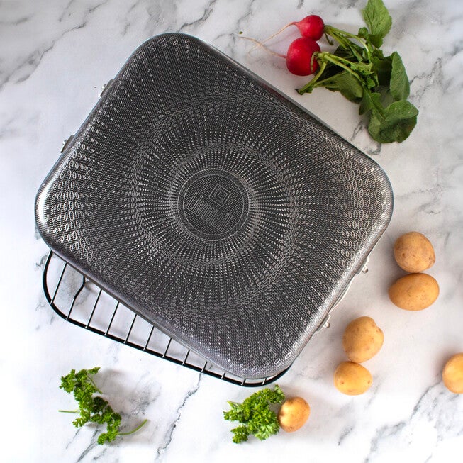 LIVWELL DiamondClad™ 14-inch Hybrid Nonstick Stainless Steel Roasting Pan with Basket, Dishwasher Safe, PFOA-free – Silver/Black, SILVER, alternate image number 4