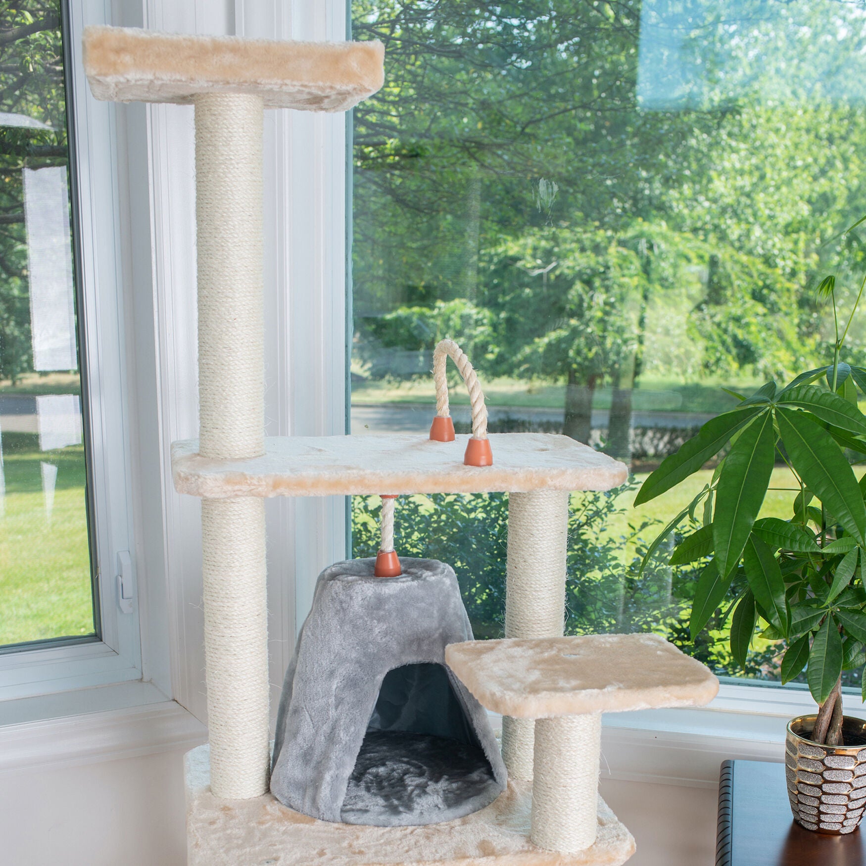 65 inches Real Wood Cat Tree With Sisal Rope, Hammock, Playhouse, , alternate image number 2