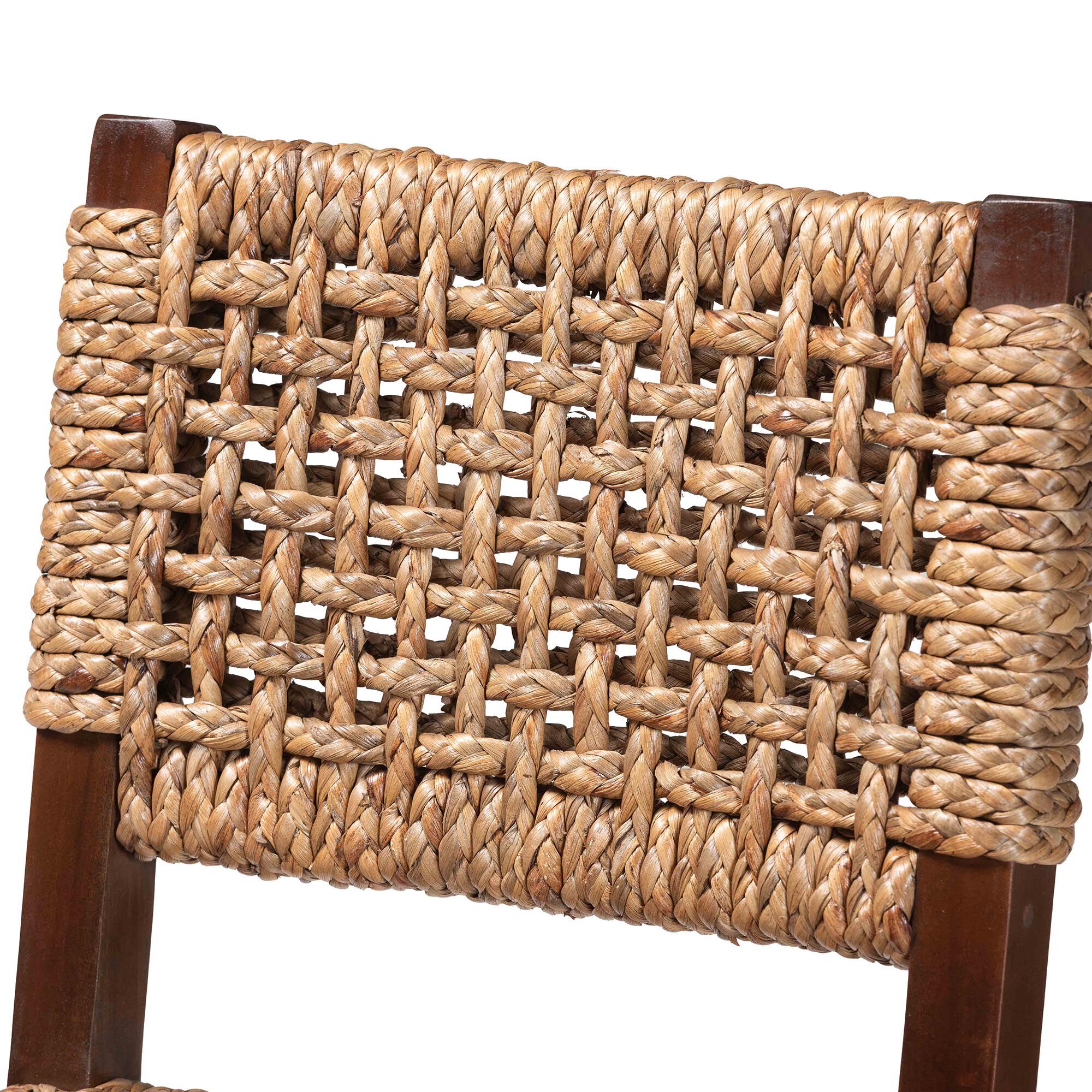 Close-up of woven seagrass pattern on bar stool backrest