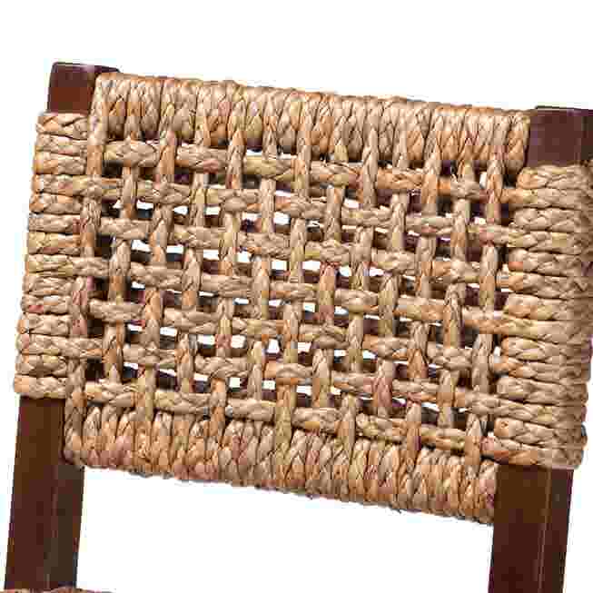 Close-up of woven seagrass pattern on bar stool backrest