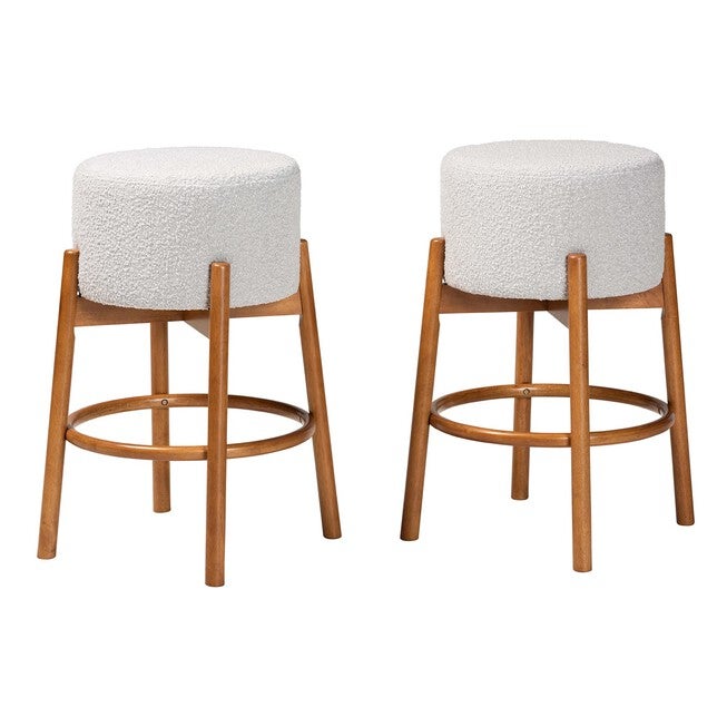 Olwen Modern Japandi Light Grey Boucle Fabric And Walnut Brown Finished Wood 2-Piece Bar Stool Set, LIGHT GREY WALNUT, hi-res image number null