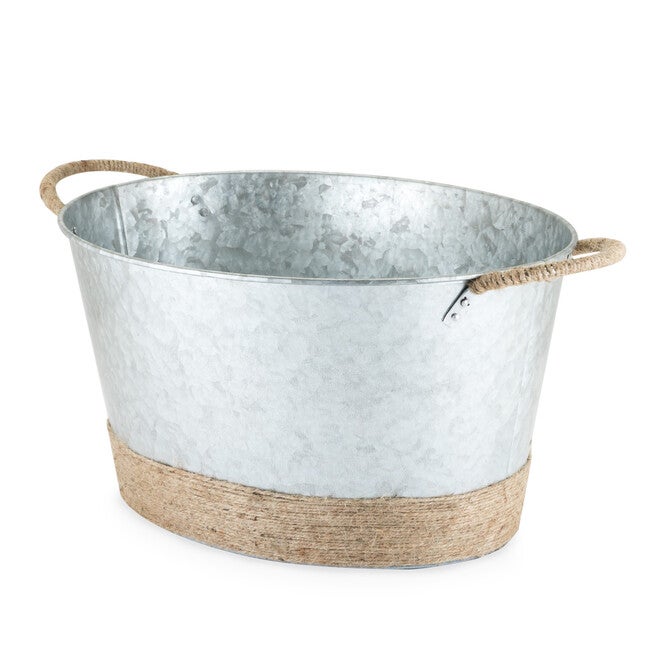 Jute Rope Wrapped Galvanized Tub, SILVER, hi-res image number 0