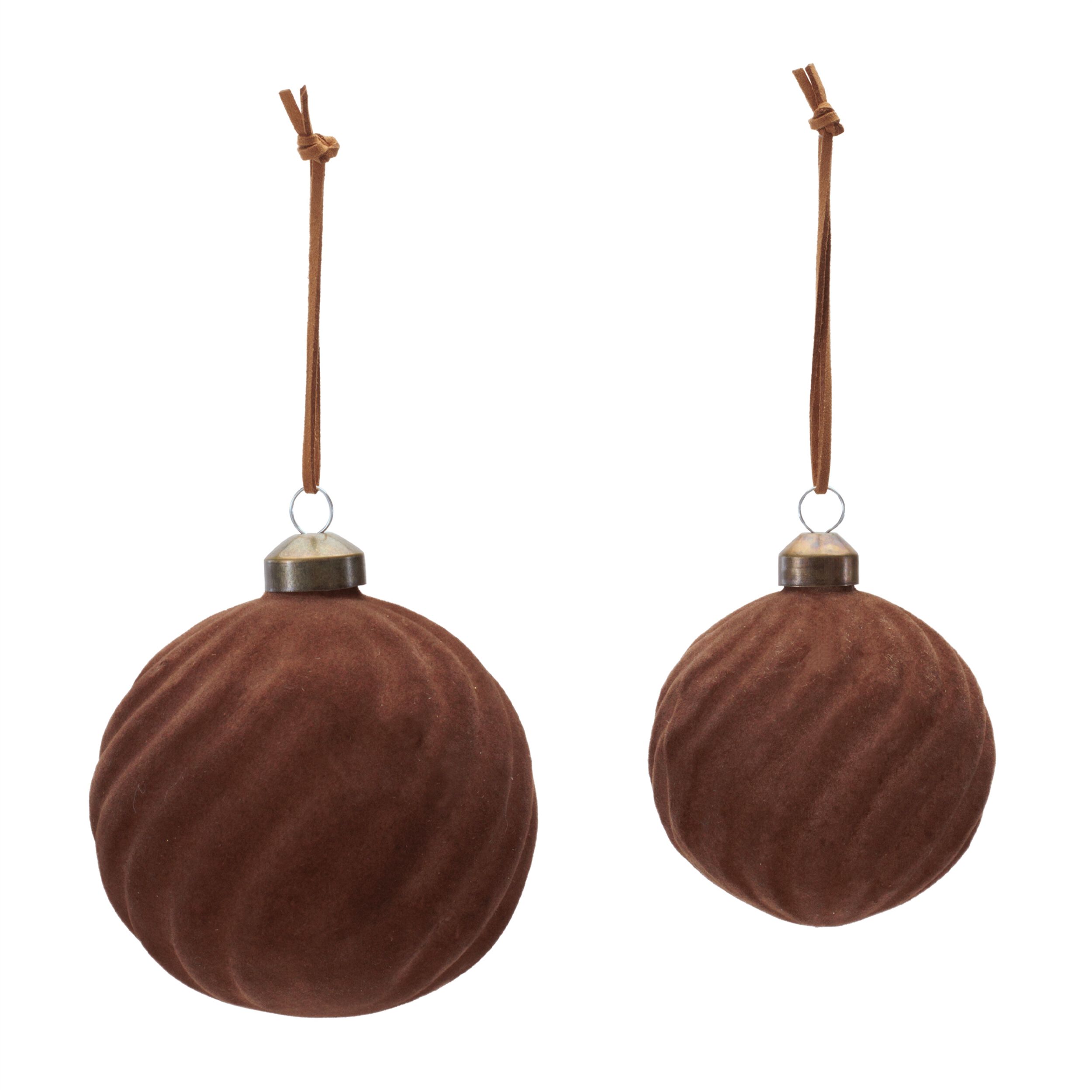 Flocked Ribbed Glass Ball Ornament (Set of 6), BROWN, alternate image number 1