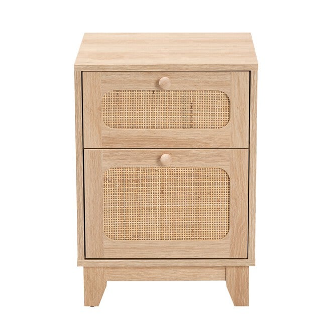 Elsbeth Mid-Century Modern Light Brown Finished Wood And Natural Rattan 1-Drawer End Table, , alternate image number 2