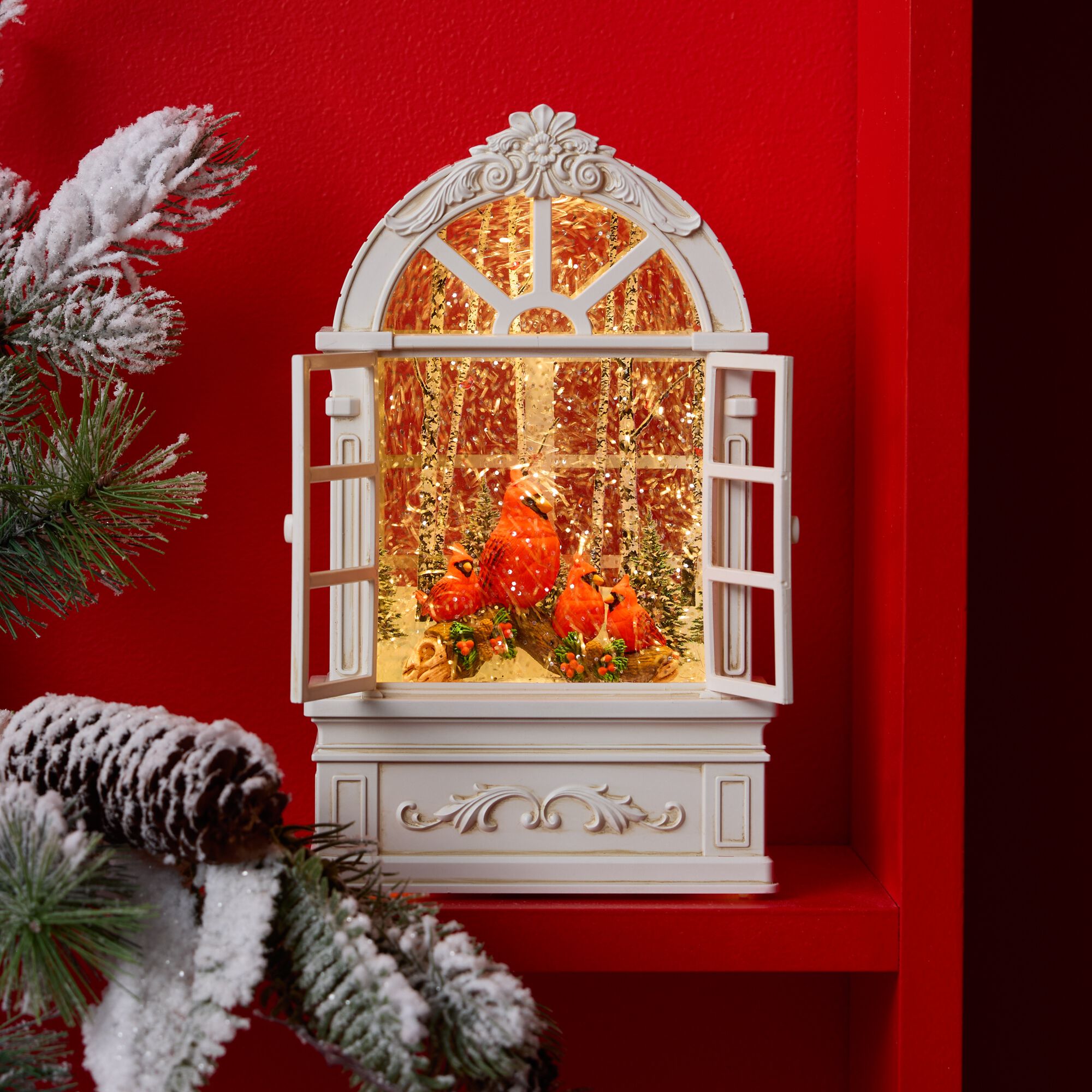 LED Snow Globe Window with Cardinal Family 9 inchesH, WHITE RED, alternate image number 1