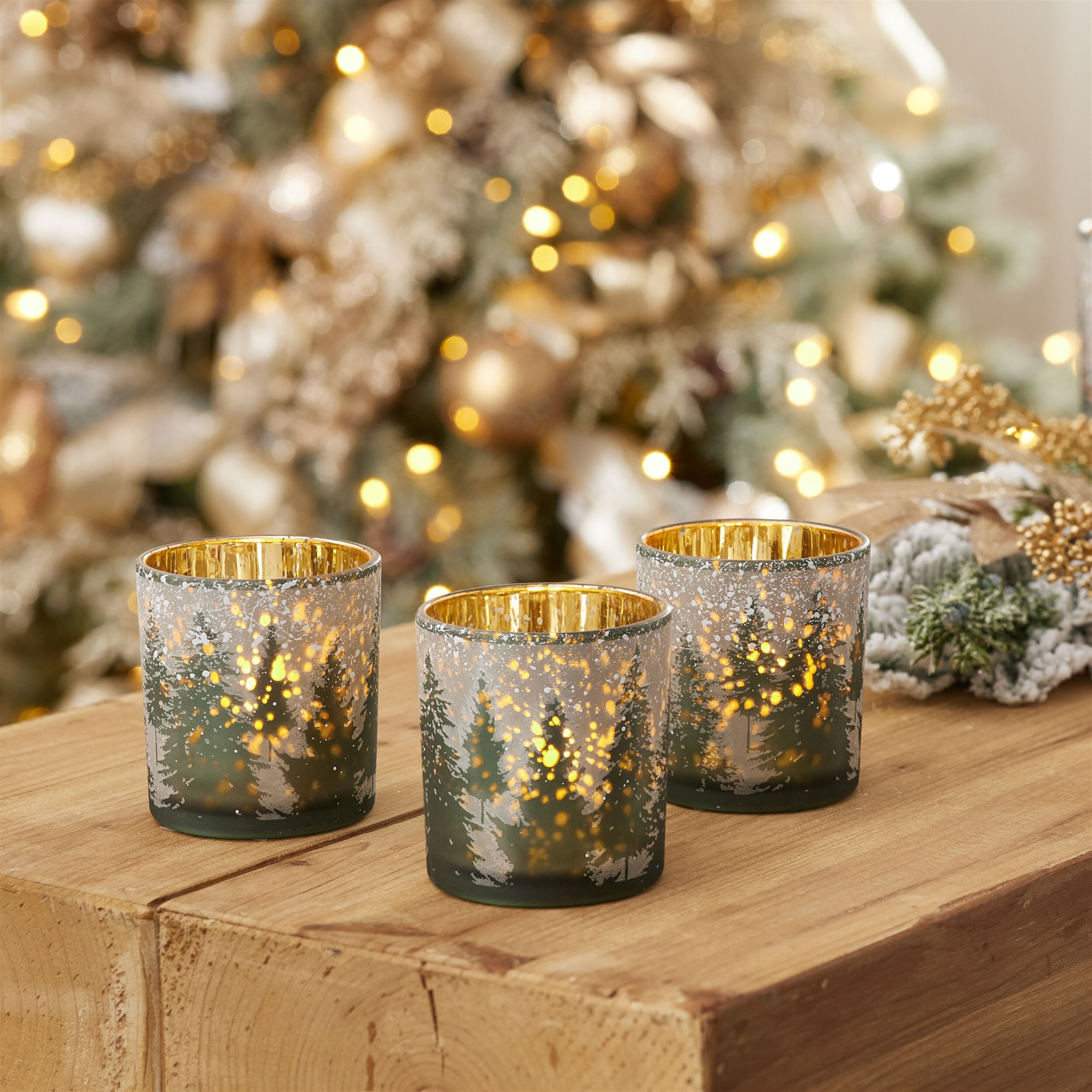 Frosted Pine Mercury Glass Candle Holder (Set of 3), GREEN GREY GOLD, alternate image number 1