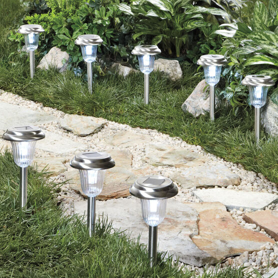 Stainless Steel Solar Pathway Lights, Set of 8, STAINLESS STEEL, hi-res image number null