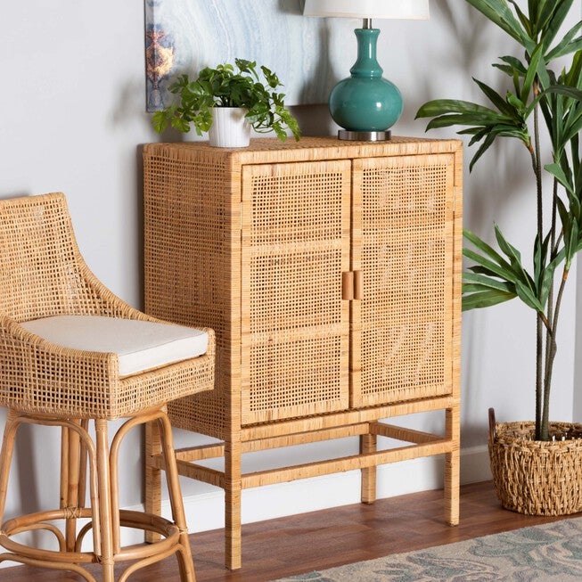 Vivan Modern Bohemian Natural Brown Rattan And Mahogany Wood 3-Shelf Storage Cabinet, , alternate image number null