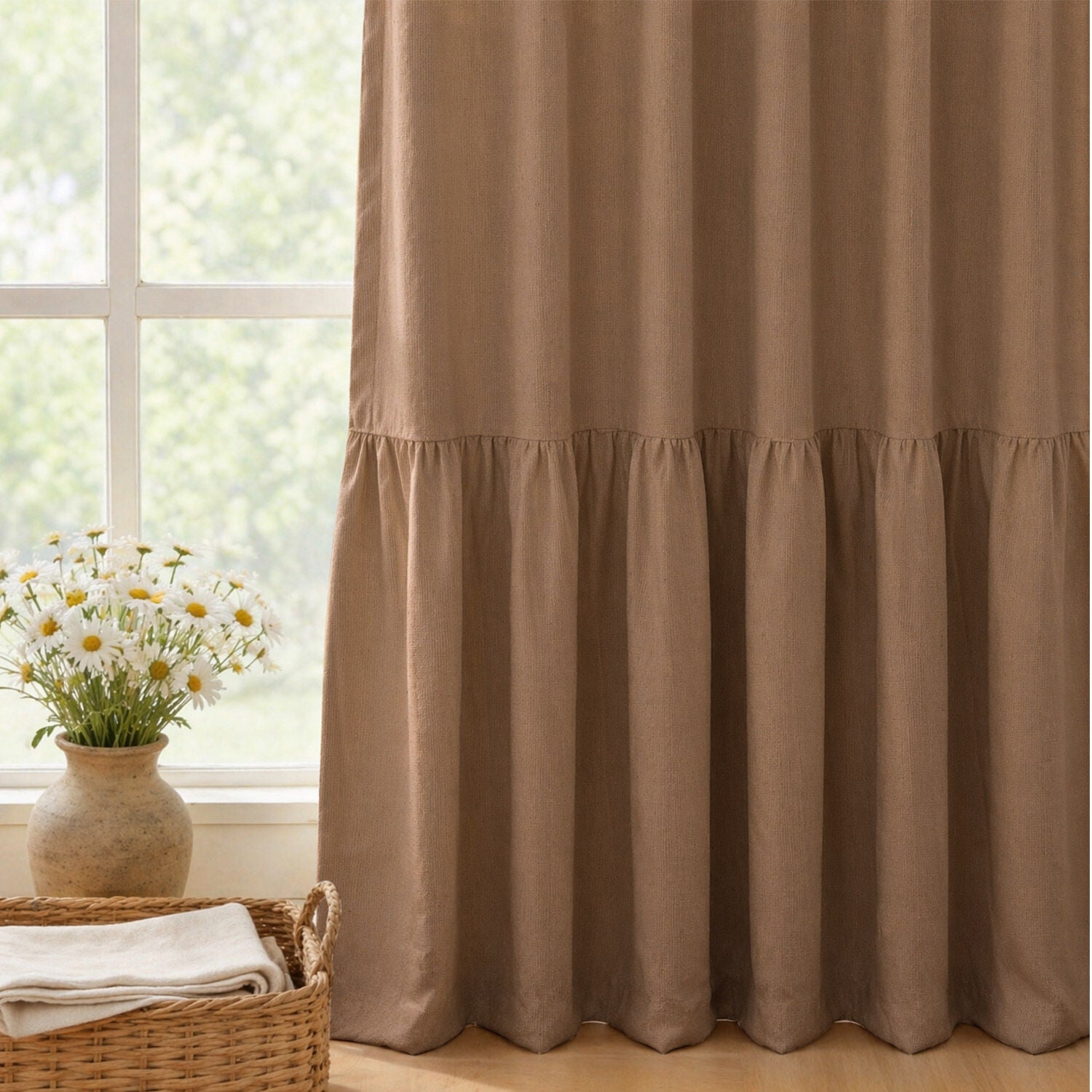 100% Blackout Recycled Cotton Ruffle Curtain Pair, COFFEE, alternate image number 3