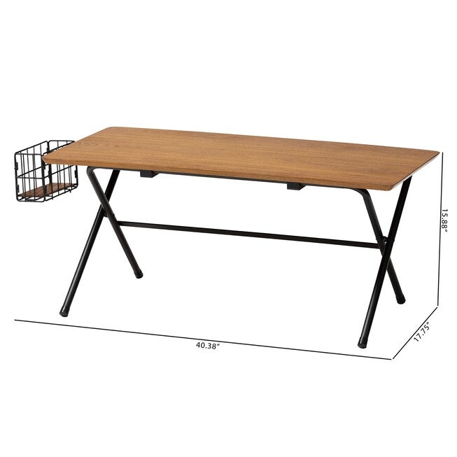 Coffee table dimensions with natural brown top and black wire basket
