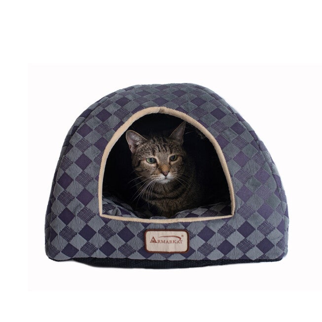 Purple Gray Checkered Cat Dog Bed, PURPLE, hi-res image number null
