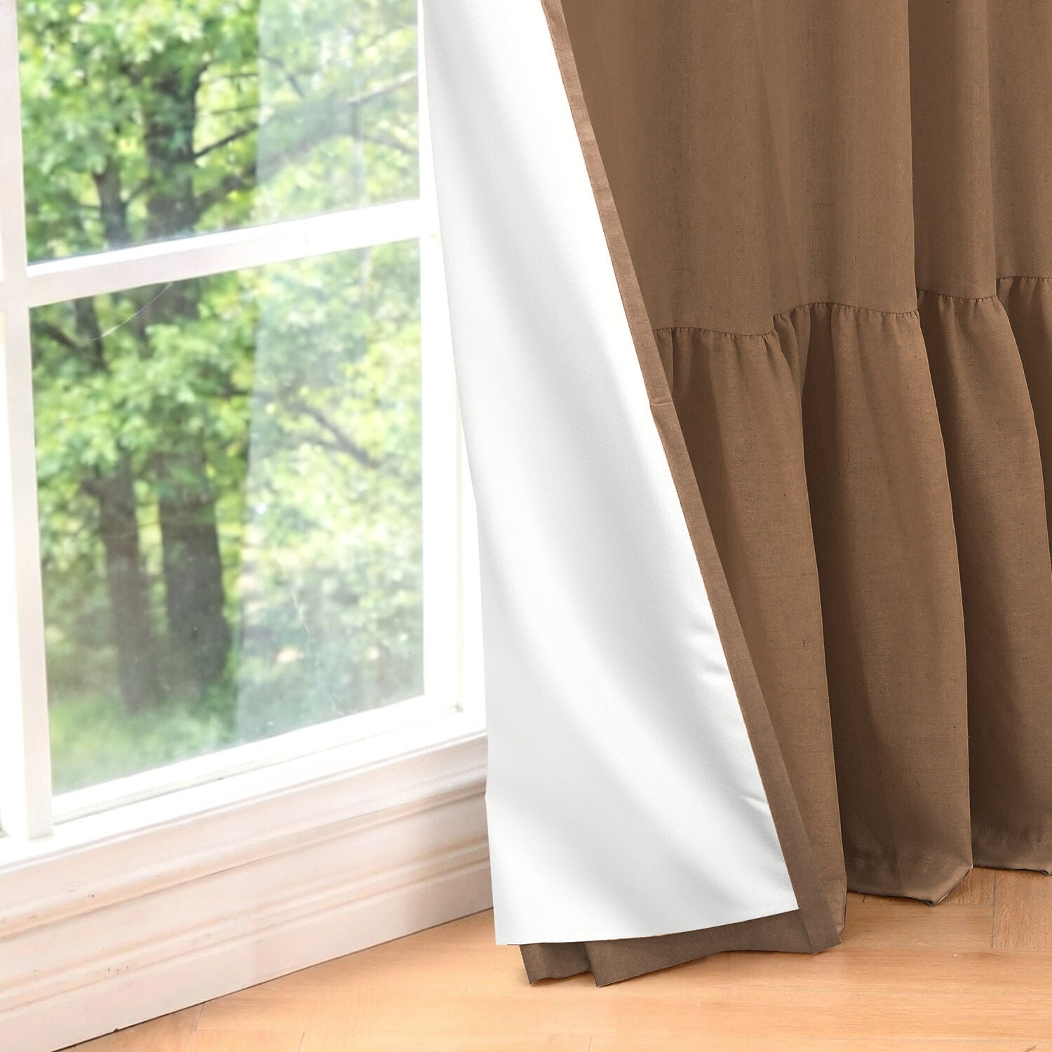 100% Blackout Recycled Cotton Ruffle Curtain Pair, COFFEE, on-hover image number 1