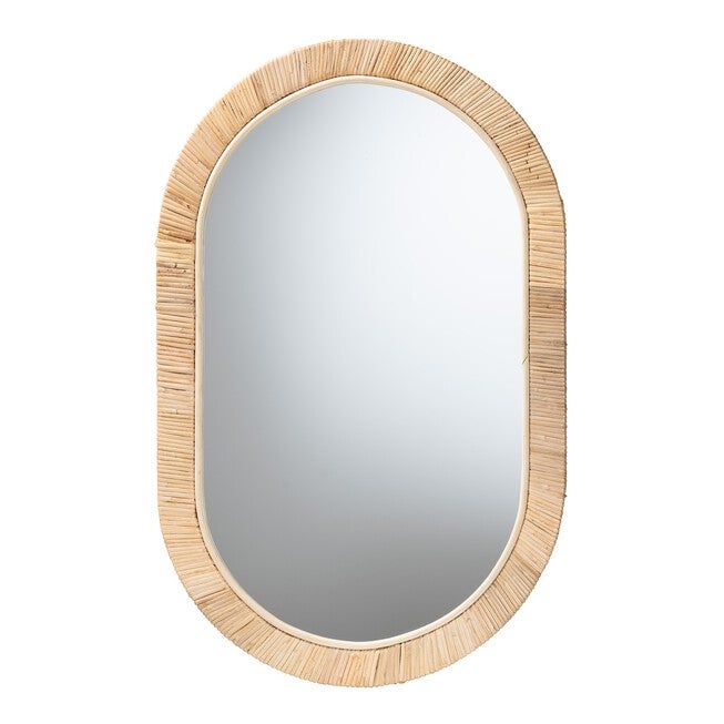 Bella Modern Bohemian Natural Brown Mahogany Wood and Natural Rattan Mirror, OVAL, hi-res image number null