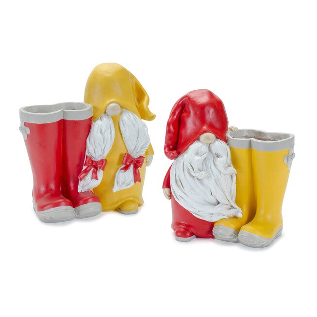 Garden Gnome With Rainboot Planter or Vase, Set Of 2, YELLOW, hi-res image number 0