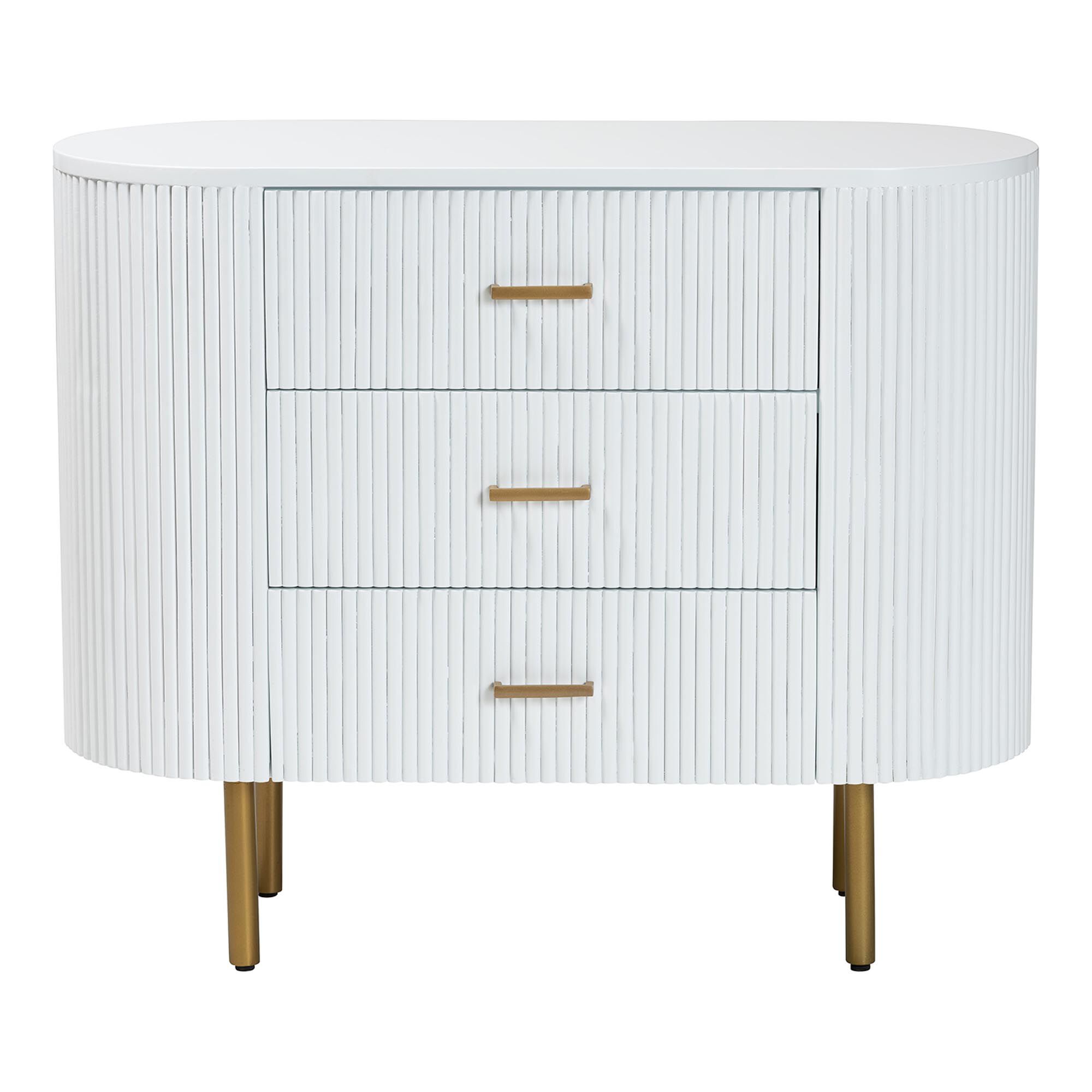 White fluted 3-drawer dresser front view with gold bar pulls