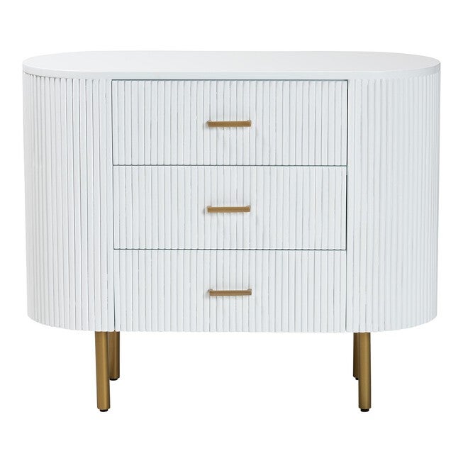 White fluted 3-drawer dresser front view with gold bar pulls