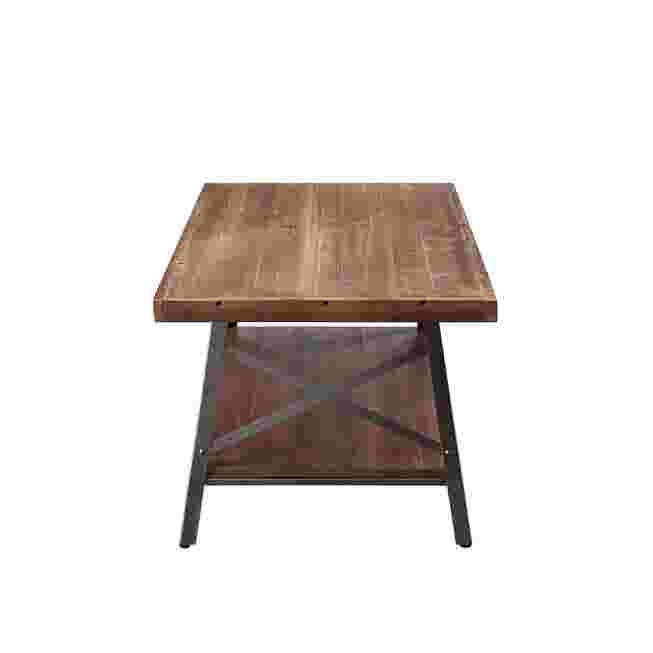 Brown wood coffee table with black metal legs
