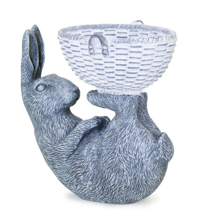 Laying Rabbit Figurine with Basket Accent 10.5 inchesH, GREY WHITE, hi-res image number null