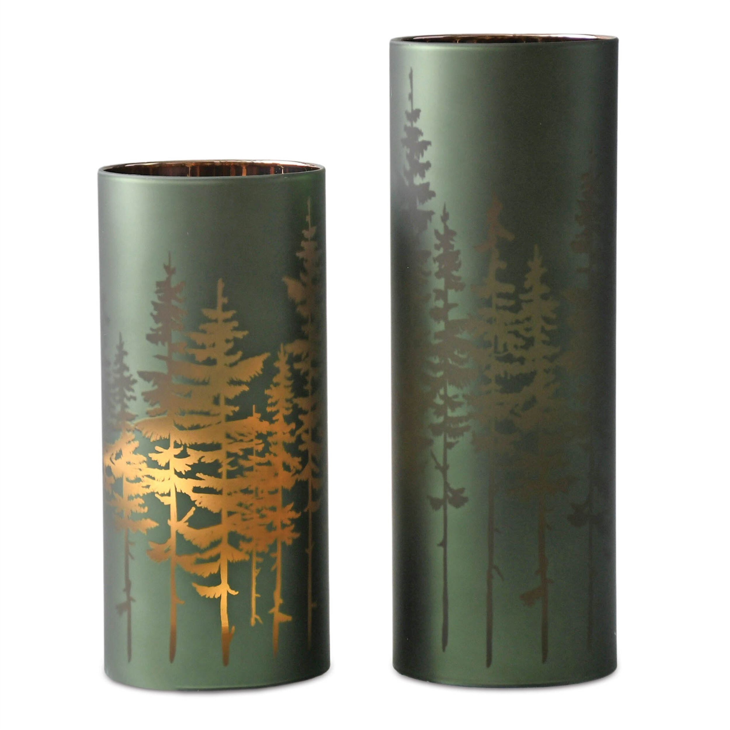 Frosted Pine Trees Glass Candle Holder (Set of 2), GREEN, hi-res image number 0