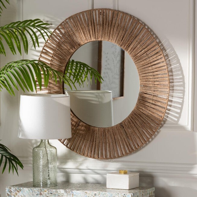 Leala Modern Bohemian Metal and Natural Brown Seagrass Accent Wall Mirror, NATURAL BROWN, hi-res image number 0