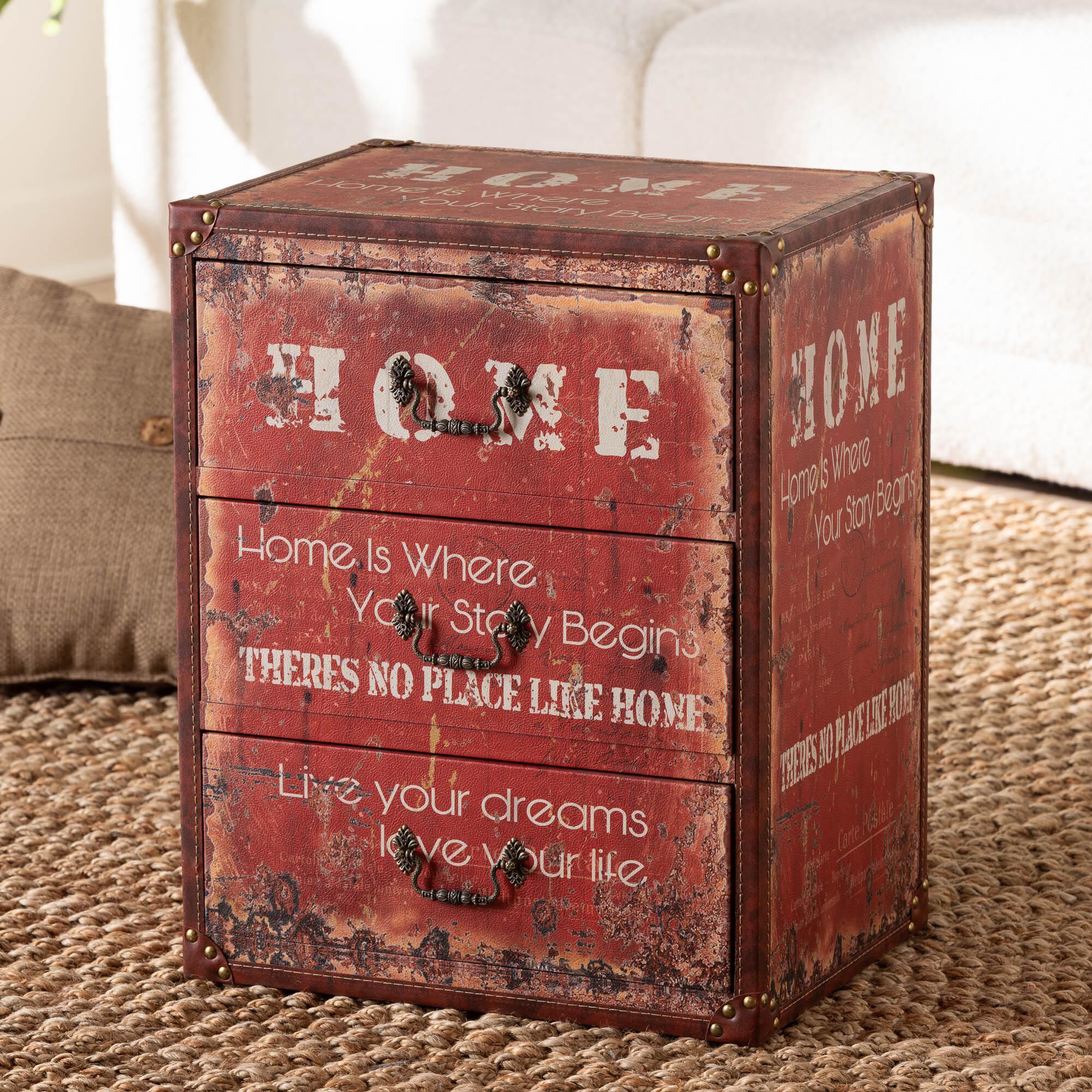 Lorand Vintage Faux Leather and Wood 3-Drawer Storage Trunk, RED, hi-res image number 0