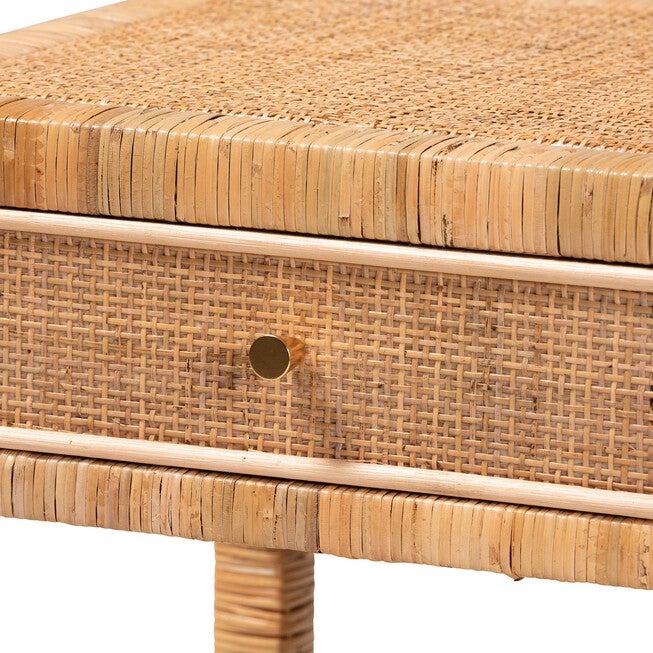 Adelia Modern Bohemian Natural Rattan And Mahogany Wood 1-Drawer Nightstand, , alternate image number null