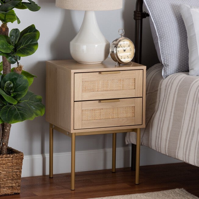 Dewitt Japandi Light Brown Finished Wood And Gold Metal 2-Drawer End Table, , alternate image number 7