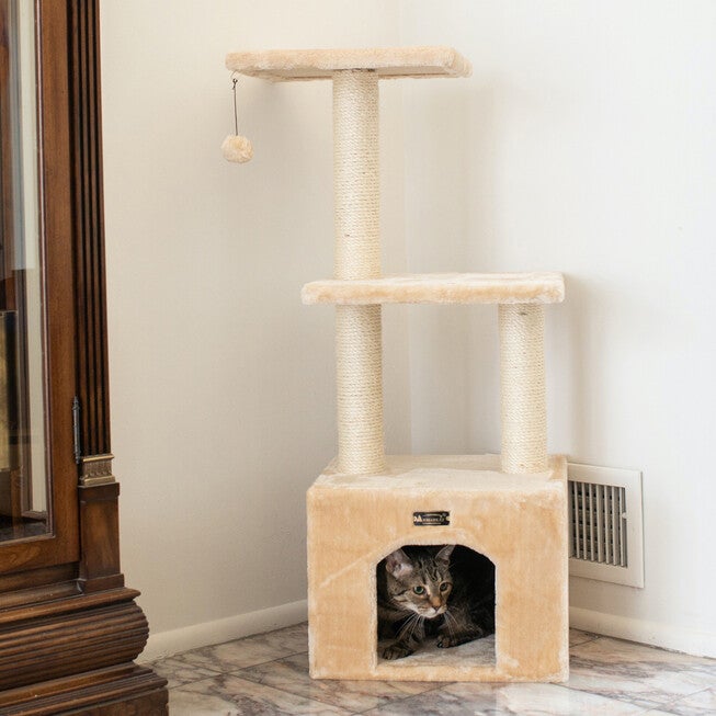 3-Tier Real Wood Cat Condo With Sisal Scratching Post 39 inches, , on-hover image number 1