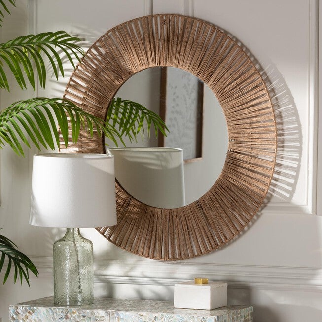 Leala Modern Bohemian Metal and Natural Brown Seagrass Accent Wall Mirror, , alternate image number 6