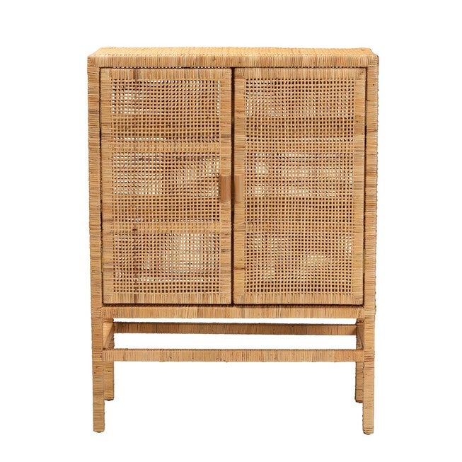 Vivan Modern Bohemian Natural Brown Rattan And Mahogany Wood 3-Shelf Storage Cabinet, , alternate image number null