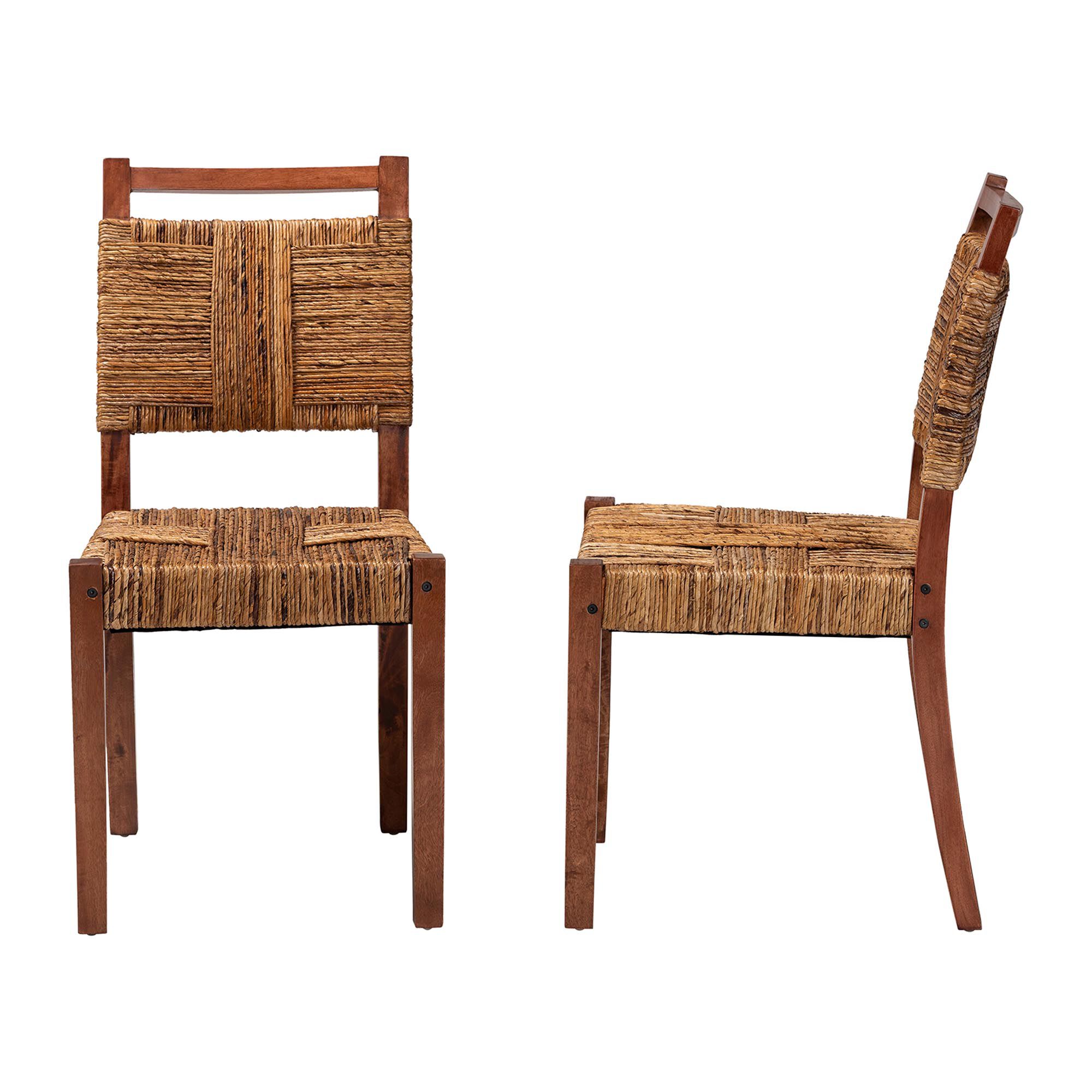 Two woven seagrass dining chairs shown from different angles